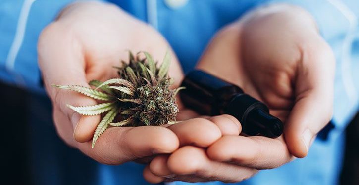 Close up of a man holding cannabis and an inhaler