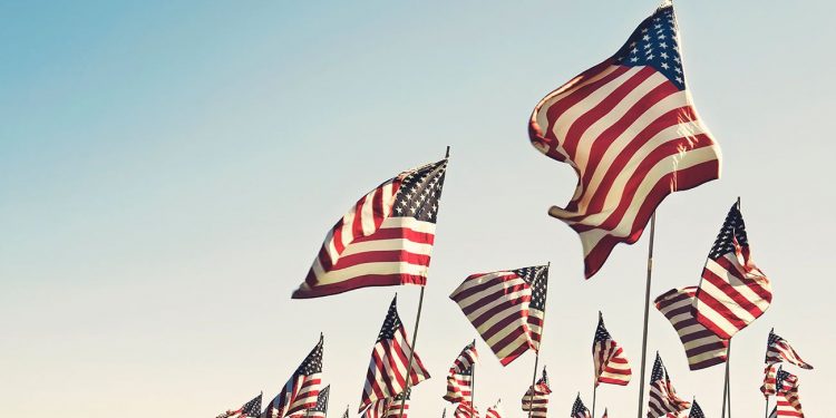 American flags waving in the wind