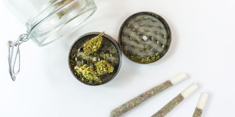 Cannabis in a grinder next to some joints