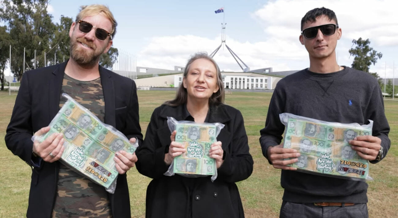 Australian cannabis activists pose in front of Parliament House