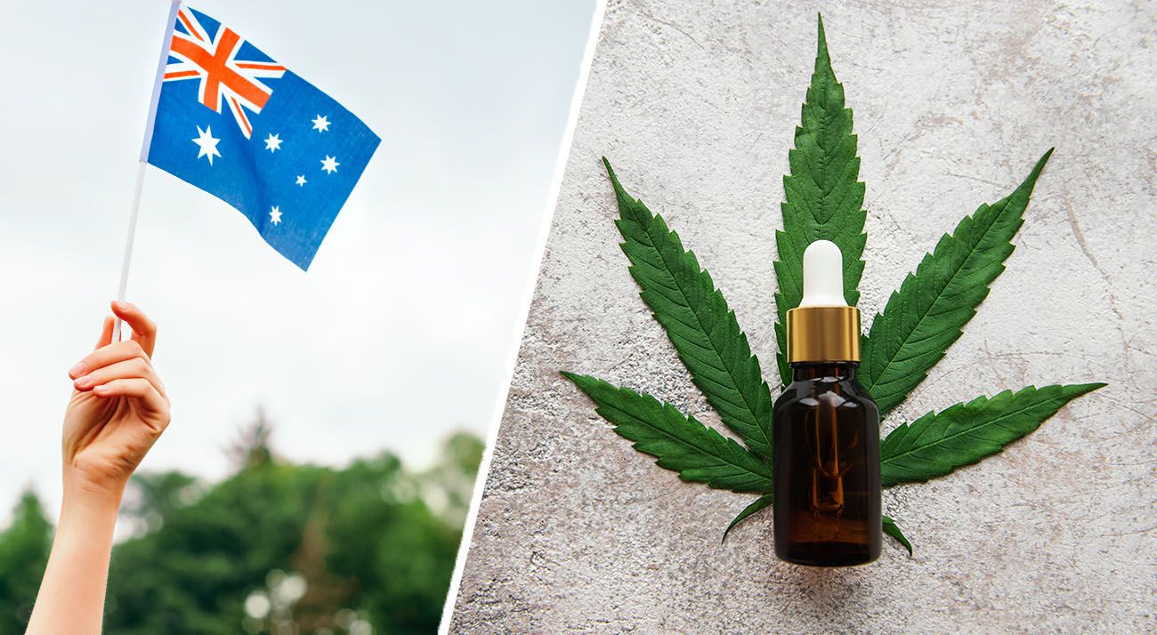 CBD oil with cannabis leaf and Australian flag